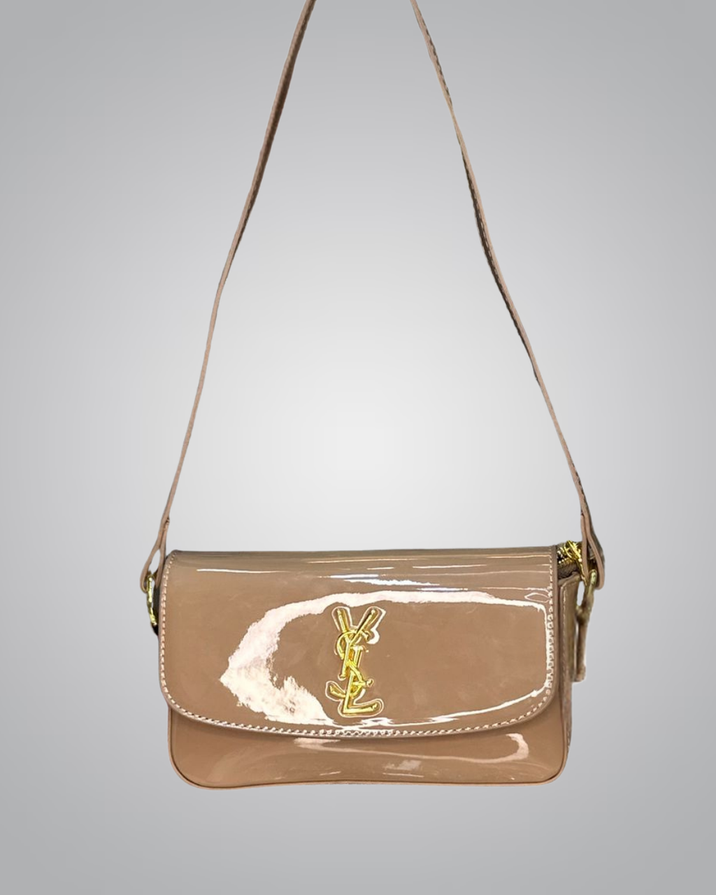 YSL Elegant Silver Patent Leather Mini Shoulder Bag with Gold Chain