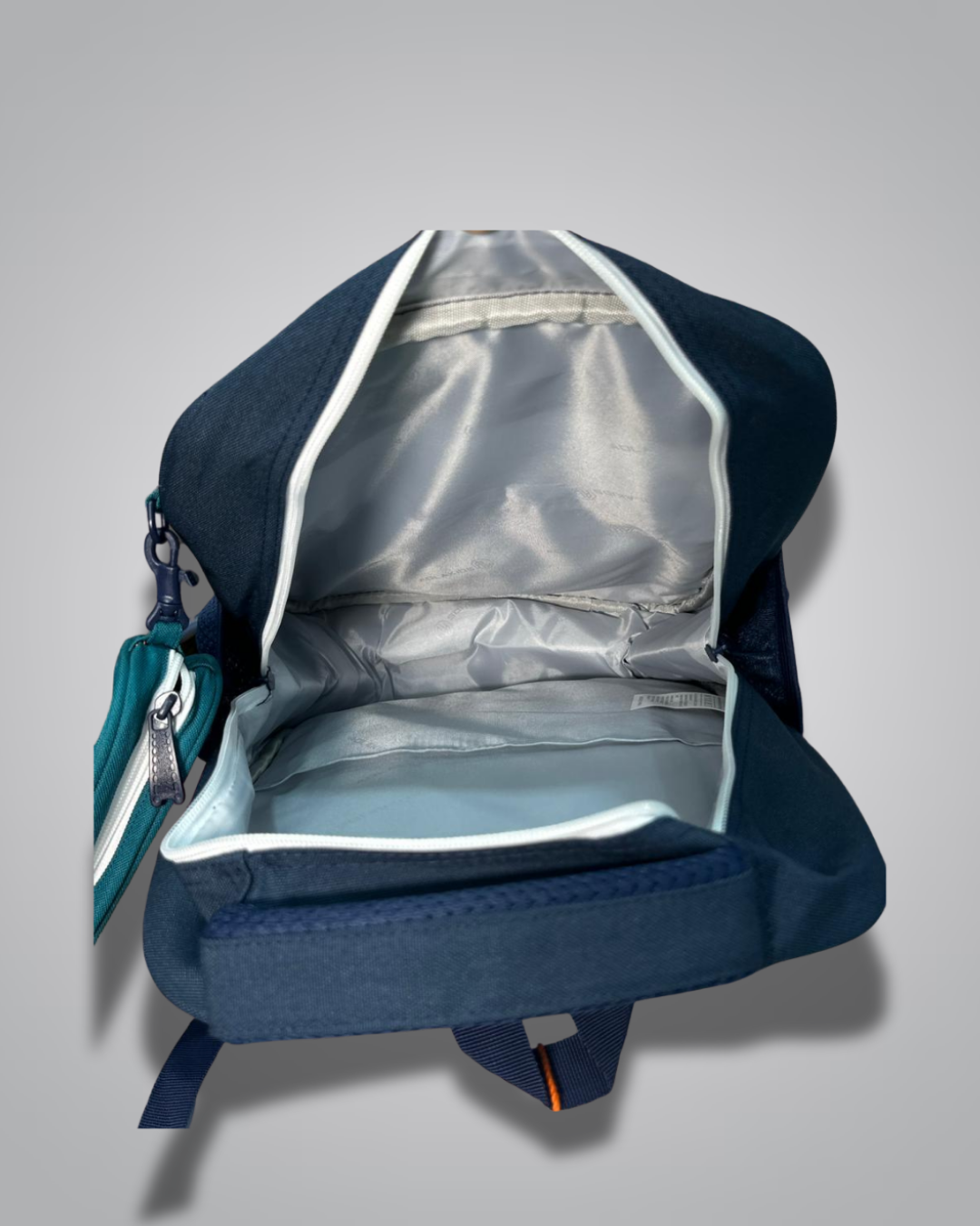 Blue backpack with open front compartment on a gray background- Valentino Impex