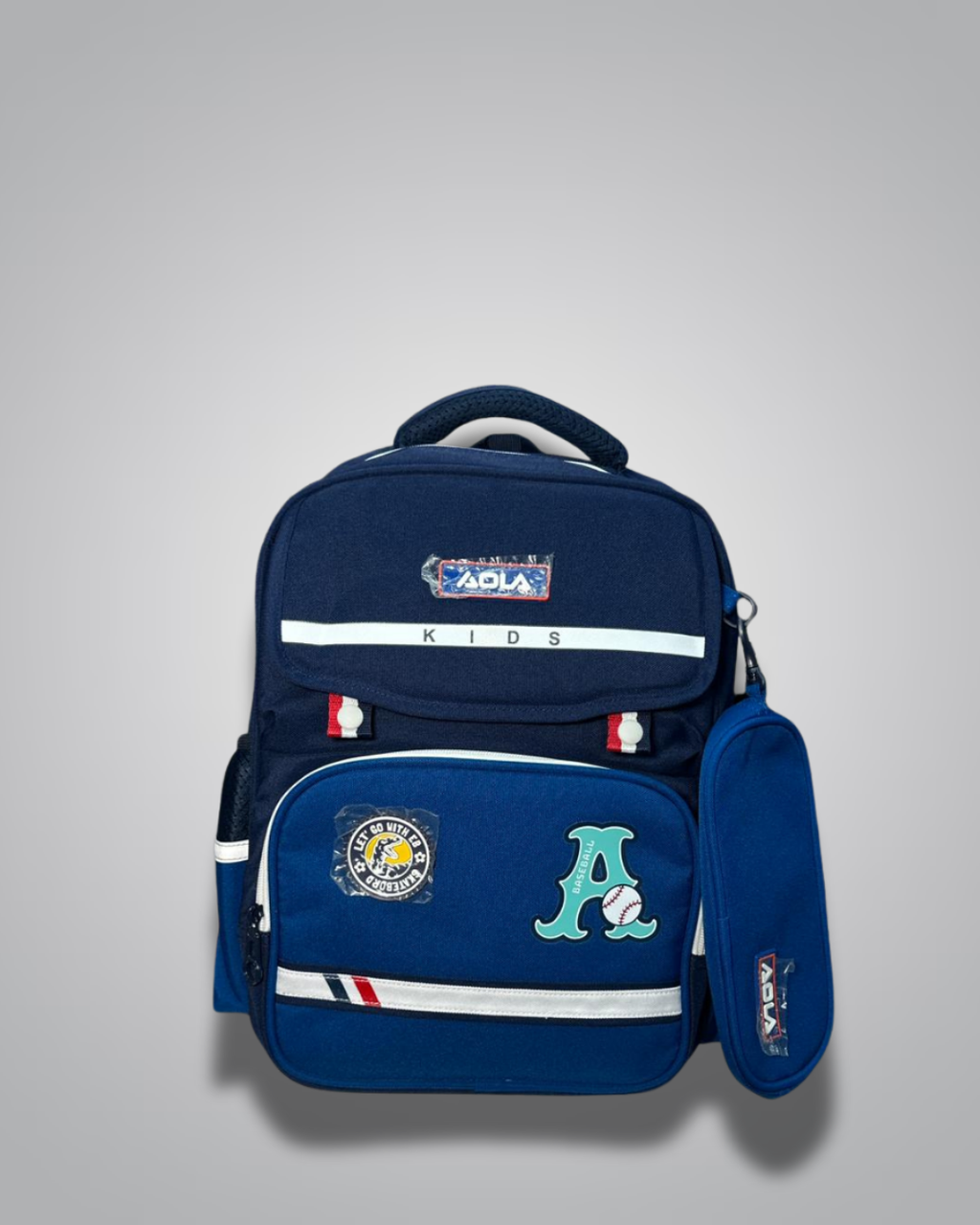 Navy blue backpack with logos on a gray background- Valentino Impex