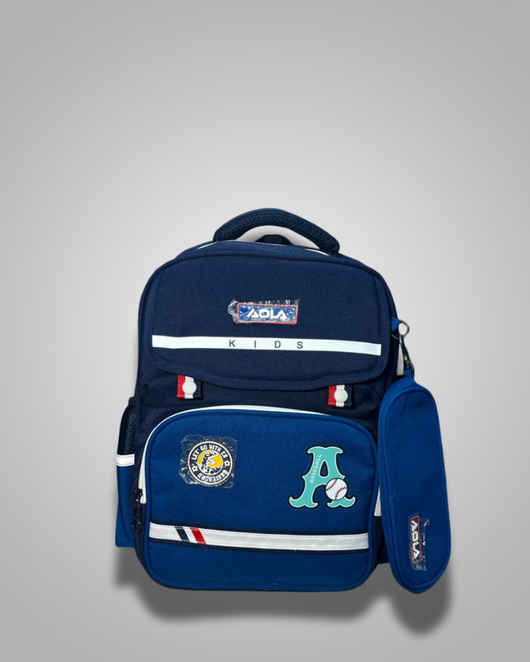 Navy blue backpack with logos on a gray background- Valentino Impex