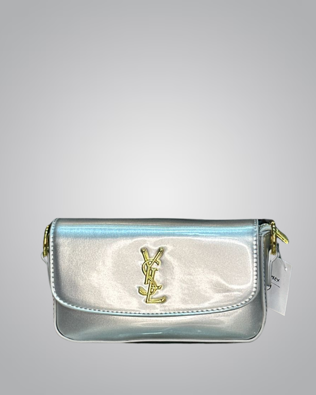 YSL Elegant Silver Patent Leather Mini Shoulder Bag with Gold Chain
