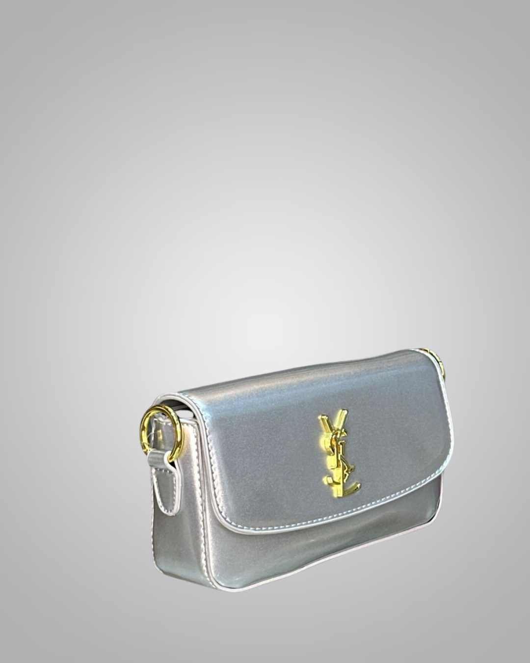 YSL Elegant Silver Patent Leather Mini Shoulder Bag with Gold Chain