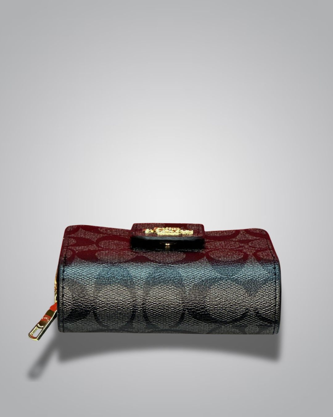 Designer wallet with a distinctive pattern on a light gray background