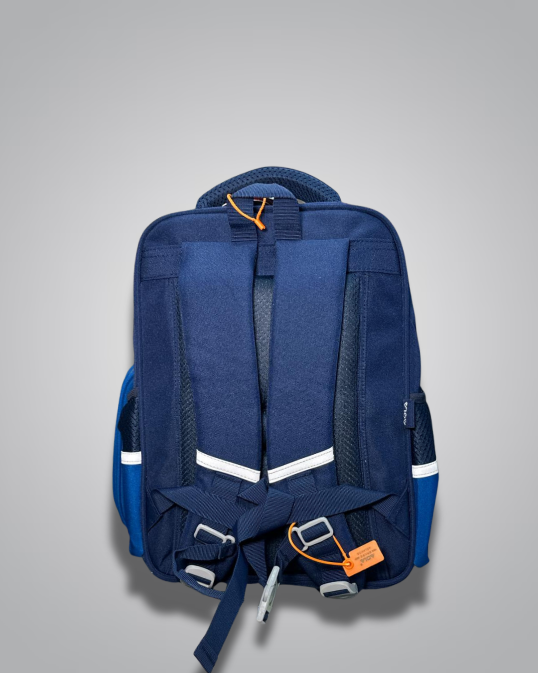 Blue backpack with reflective stripes on a gray background- Valentino Impex