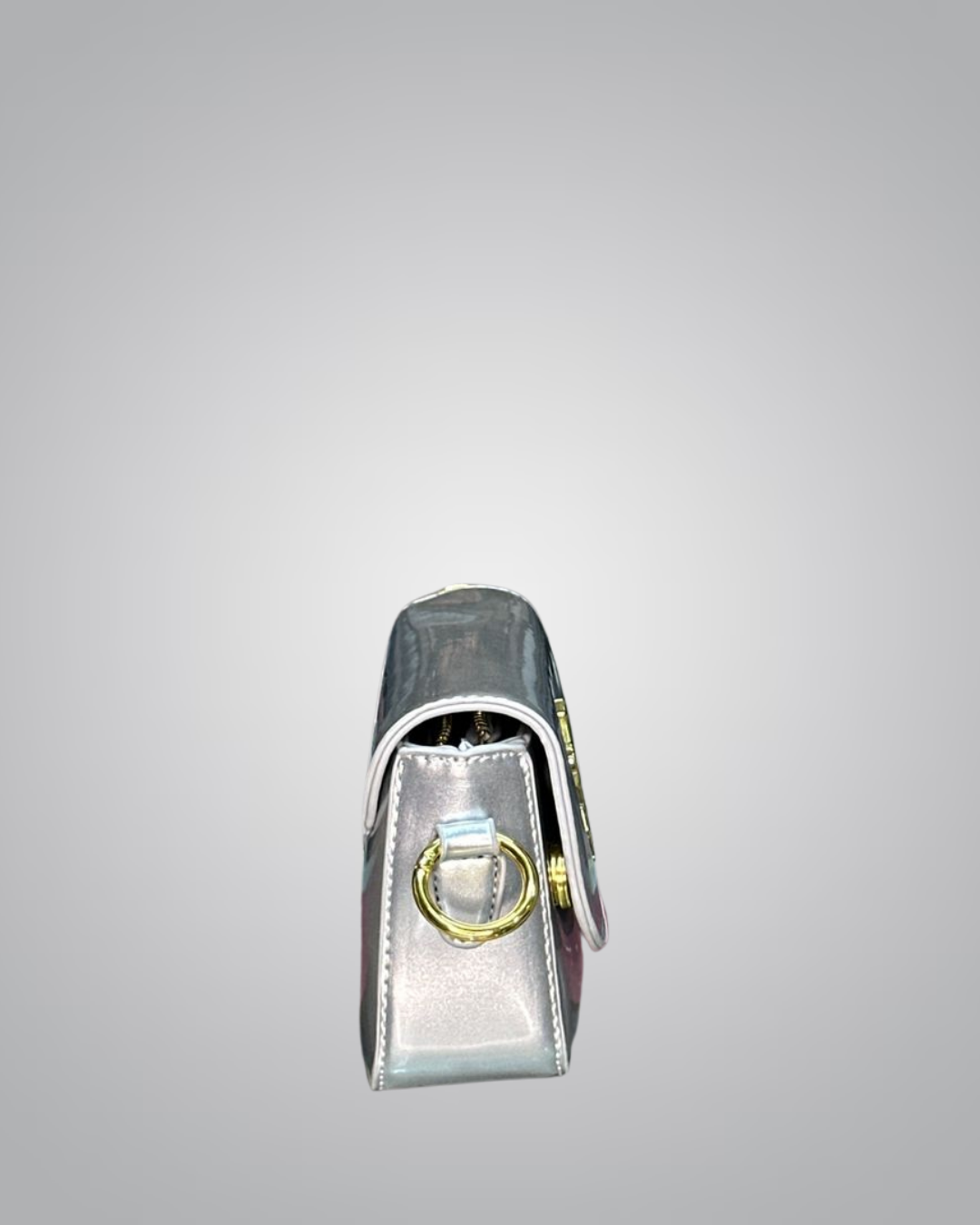 YSL Elegant Silver Patent Leather Mini Shoulder Bag with Gold Chain