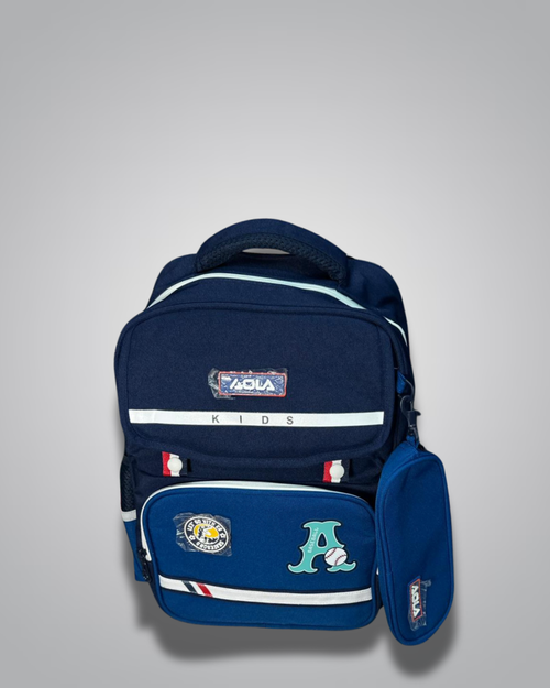 Navy blue backpack with visible branding on a gray background- Valentino Impex