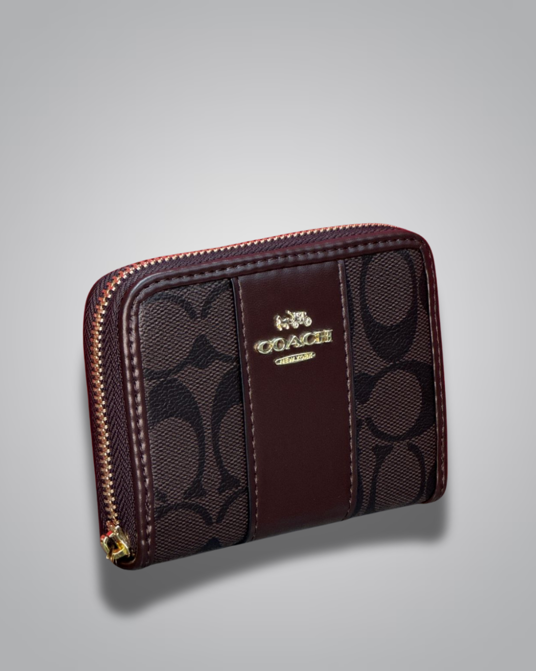 Coach wallet with logo on a gray background