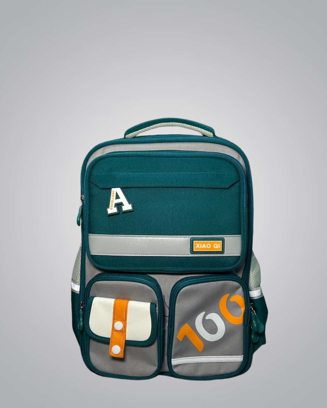 Front view of XIAO QI varsity-style backpack in green and grey with ‘100’ patch design for boys- Valentino Impex

