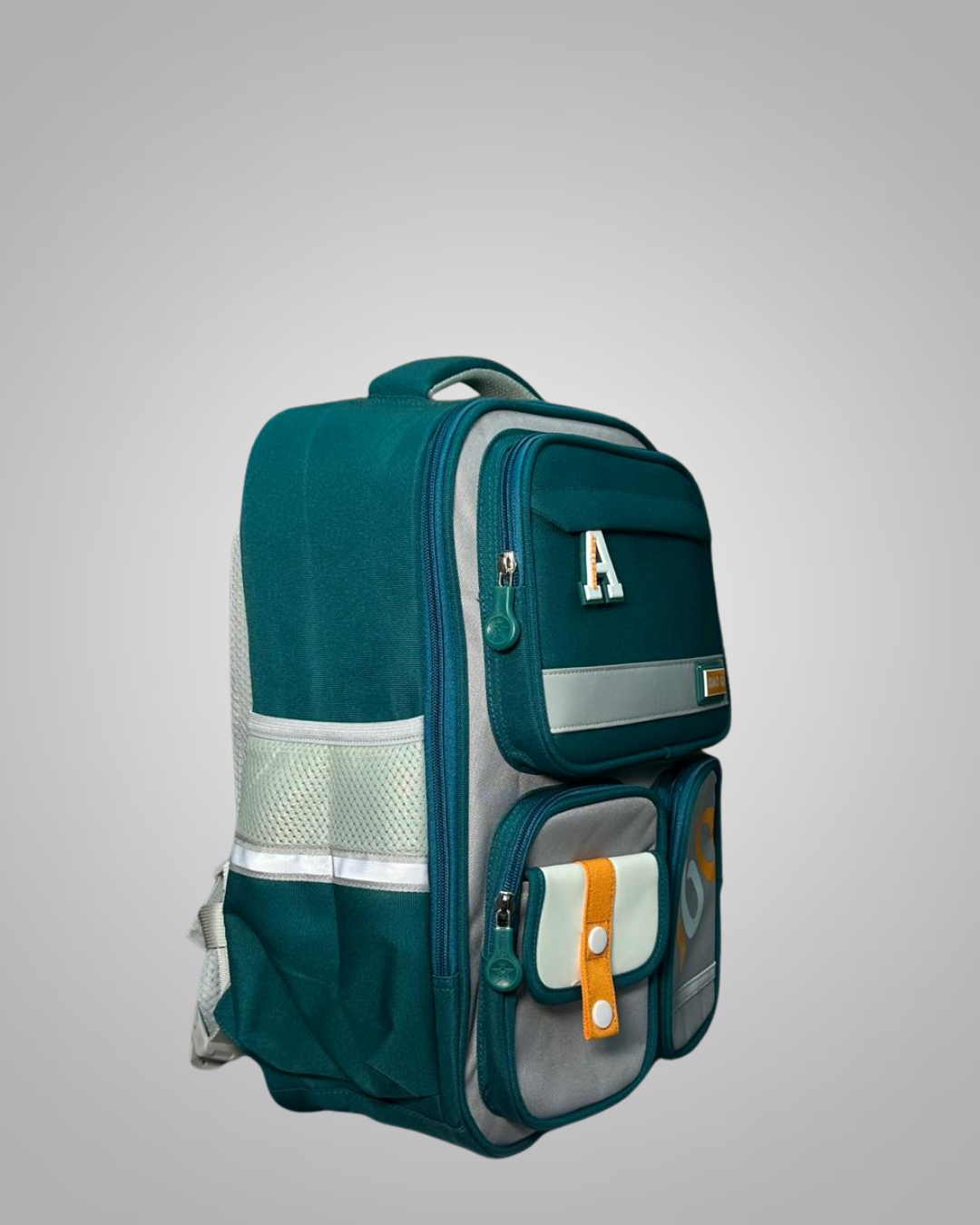 side view of XIAO QI varsity-style backpack in green and grey with ‘100’ patch design for boys- Valentino Impex
