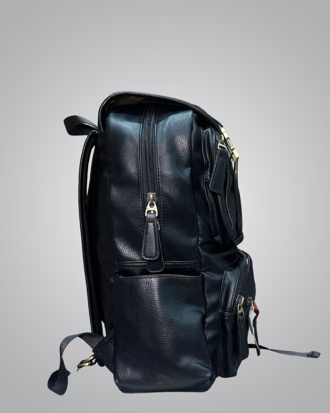 Classic Black Faux Leather Backpack with Gold Buckles