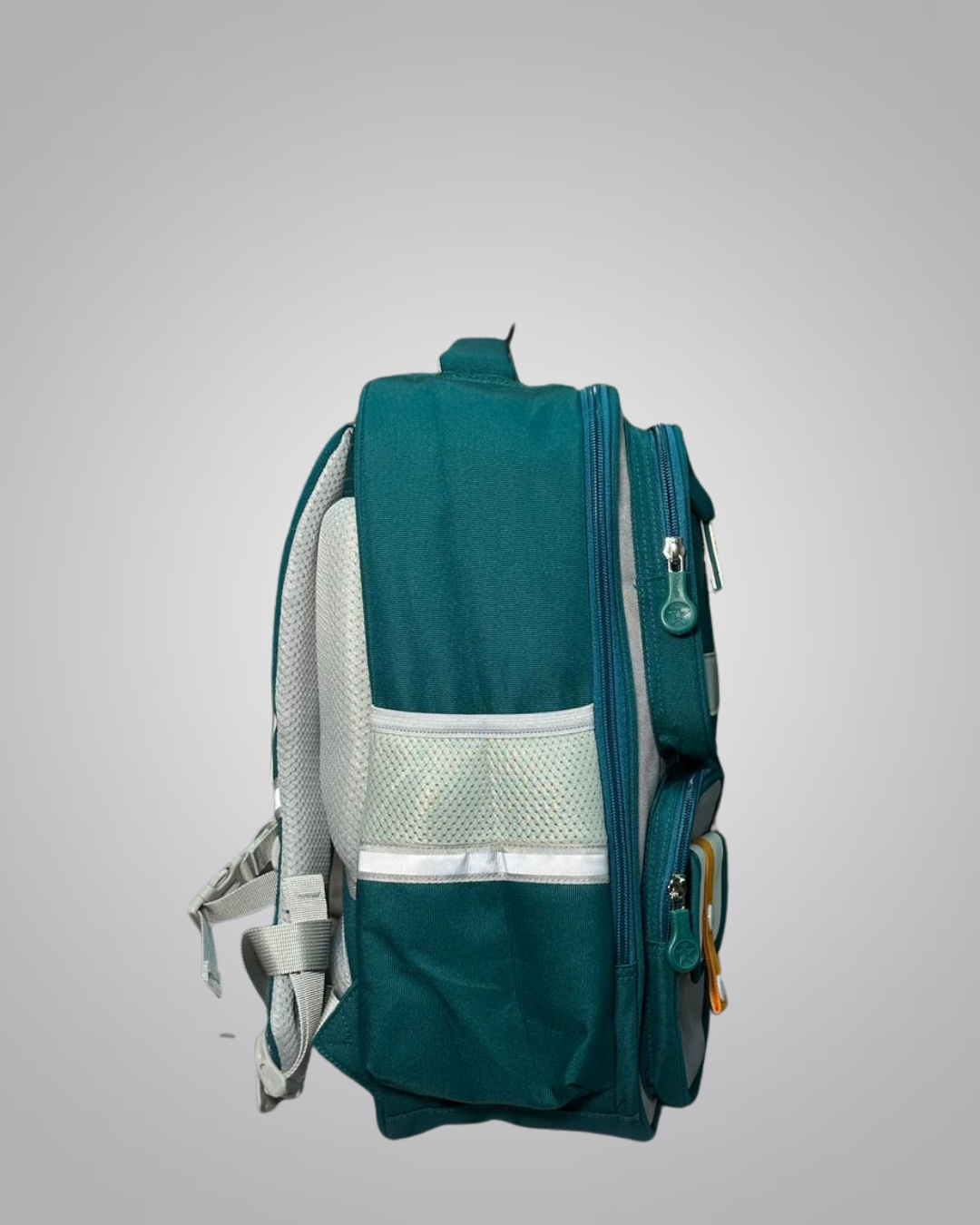  XIAO QI varsity-style backpack in green and grey with ‘100’ patch design for boys- Valentino Impex
