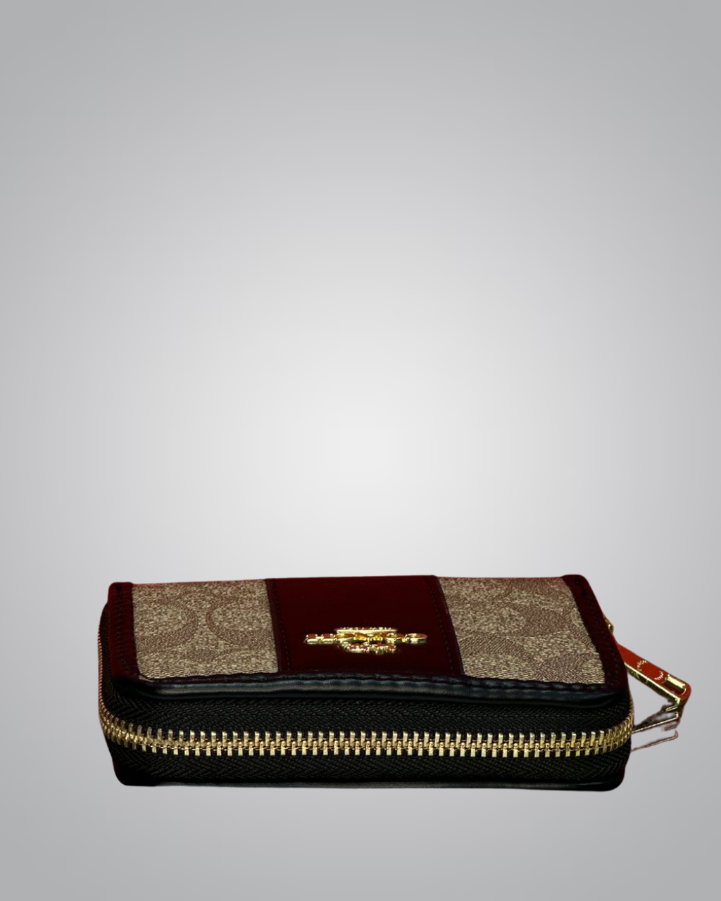 Designer wallet with gold zipper on a light gray background