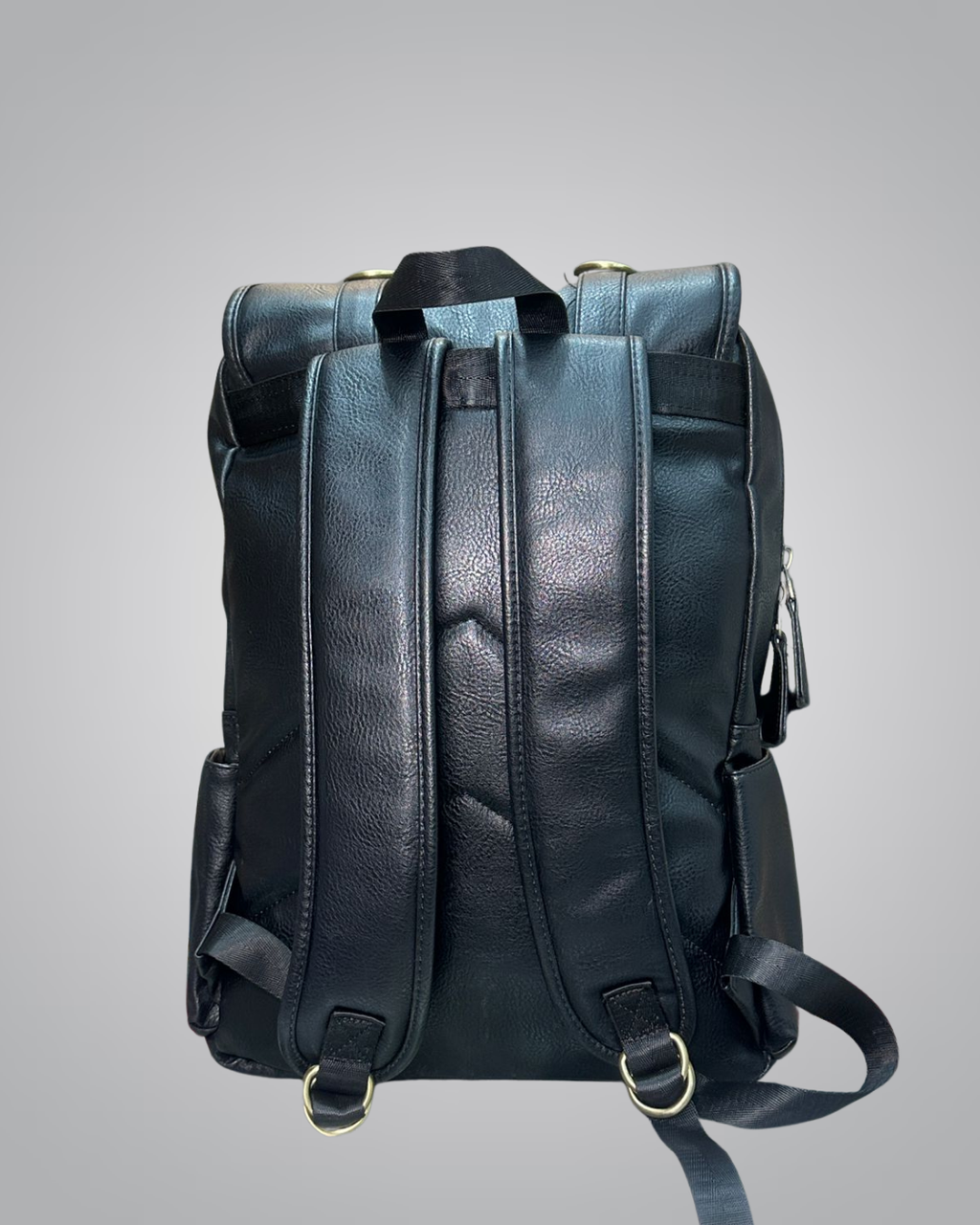 Classic Black Faux Leather Backpack with Gold Buckles