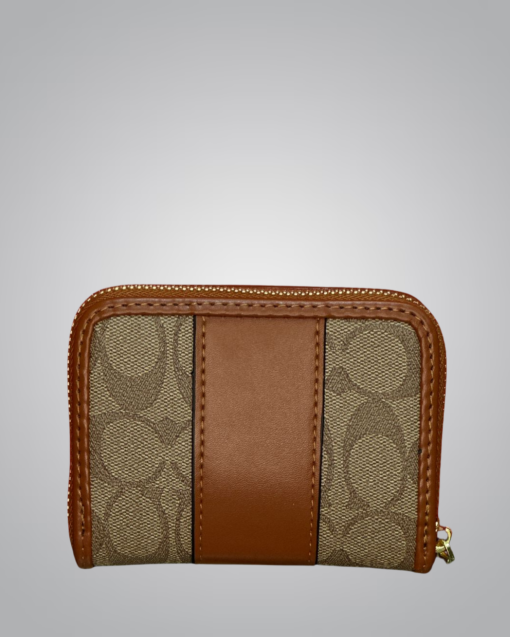 Two-tone wallet with patterned and solid brown sections on a gray background