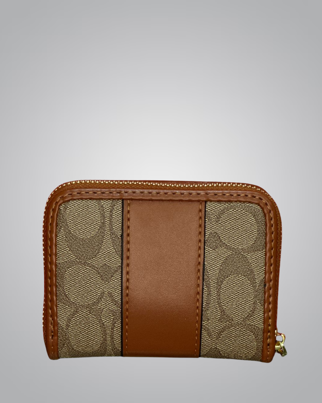 Two-tone wallet with patterned and solid brown sections on a gray background