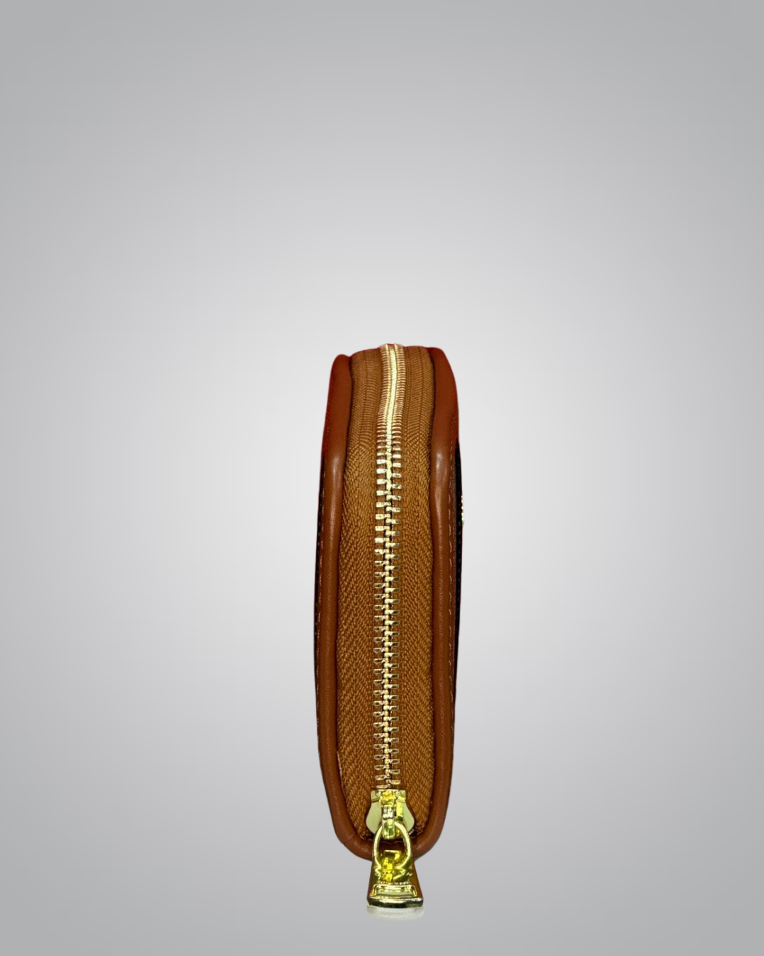 Wooden product with gold zipper on a gray background