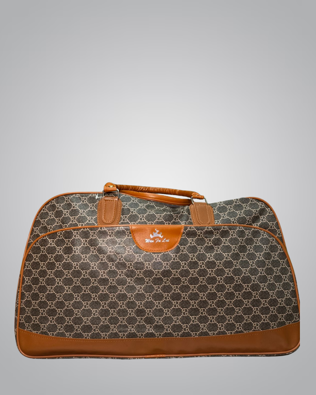 Brown Patterned Canvas Travel Duffle Bag with Leather Accents