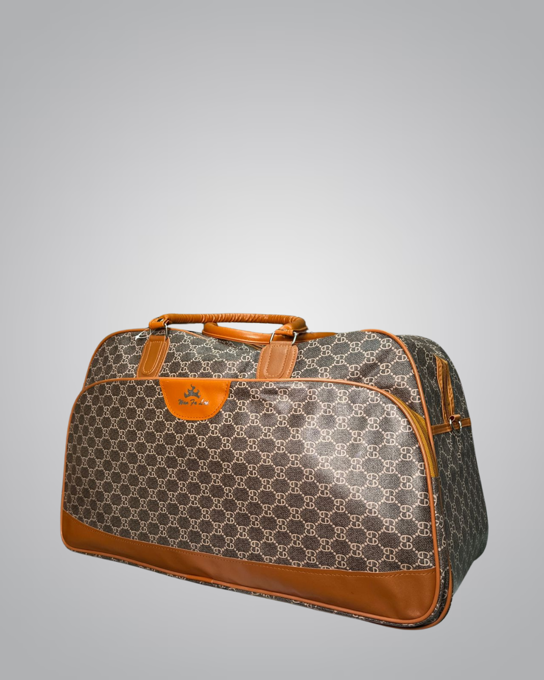 Brown Patterned Canvas Travel Duffle Bag with Leather Accents