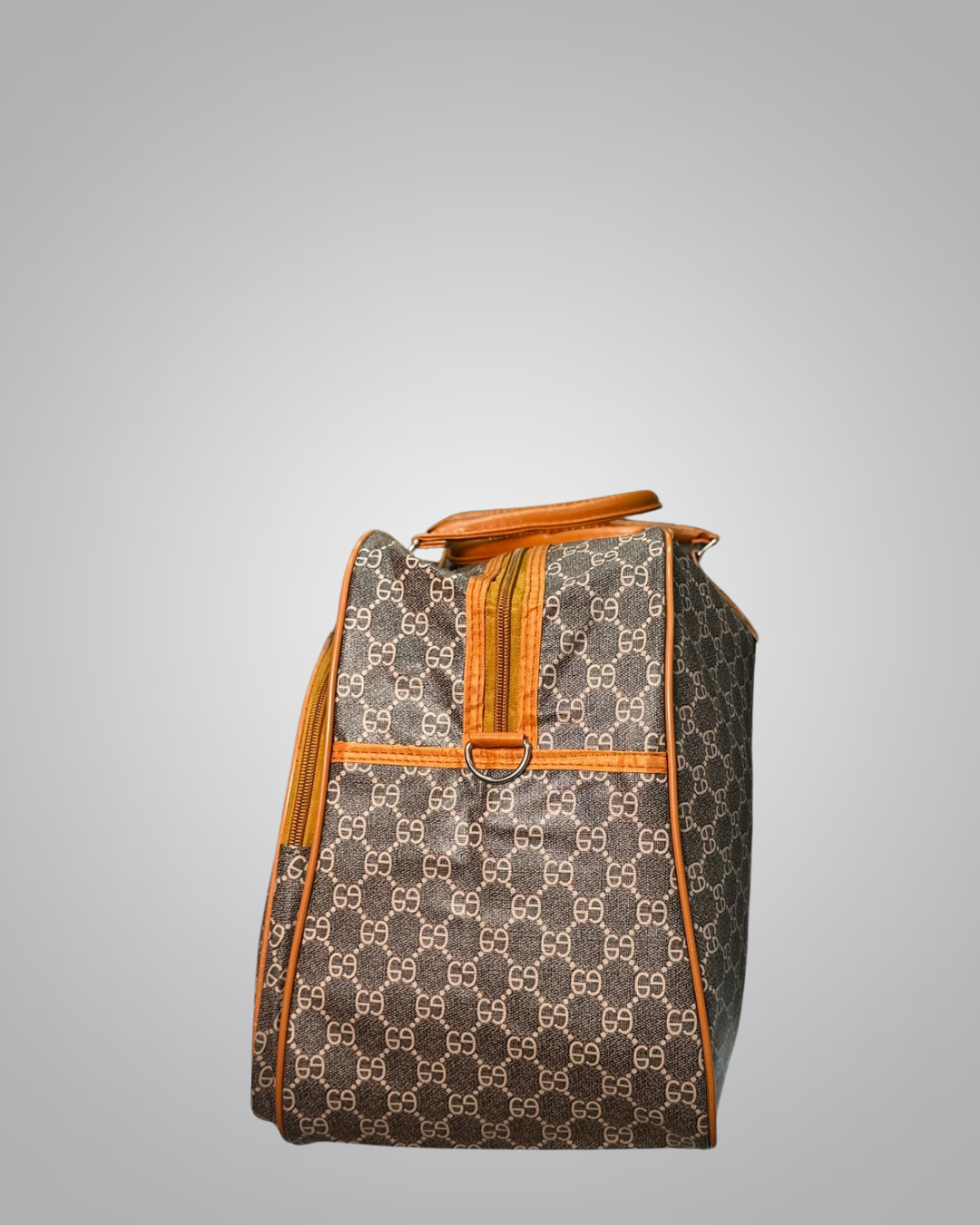 Brown Patterned Canvas Travel Duffle Bag with Leather Accents