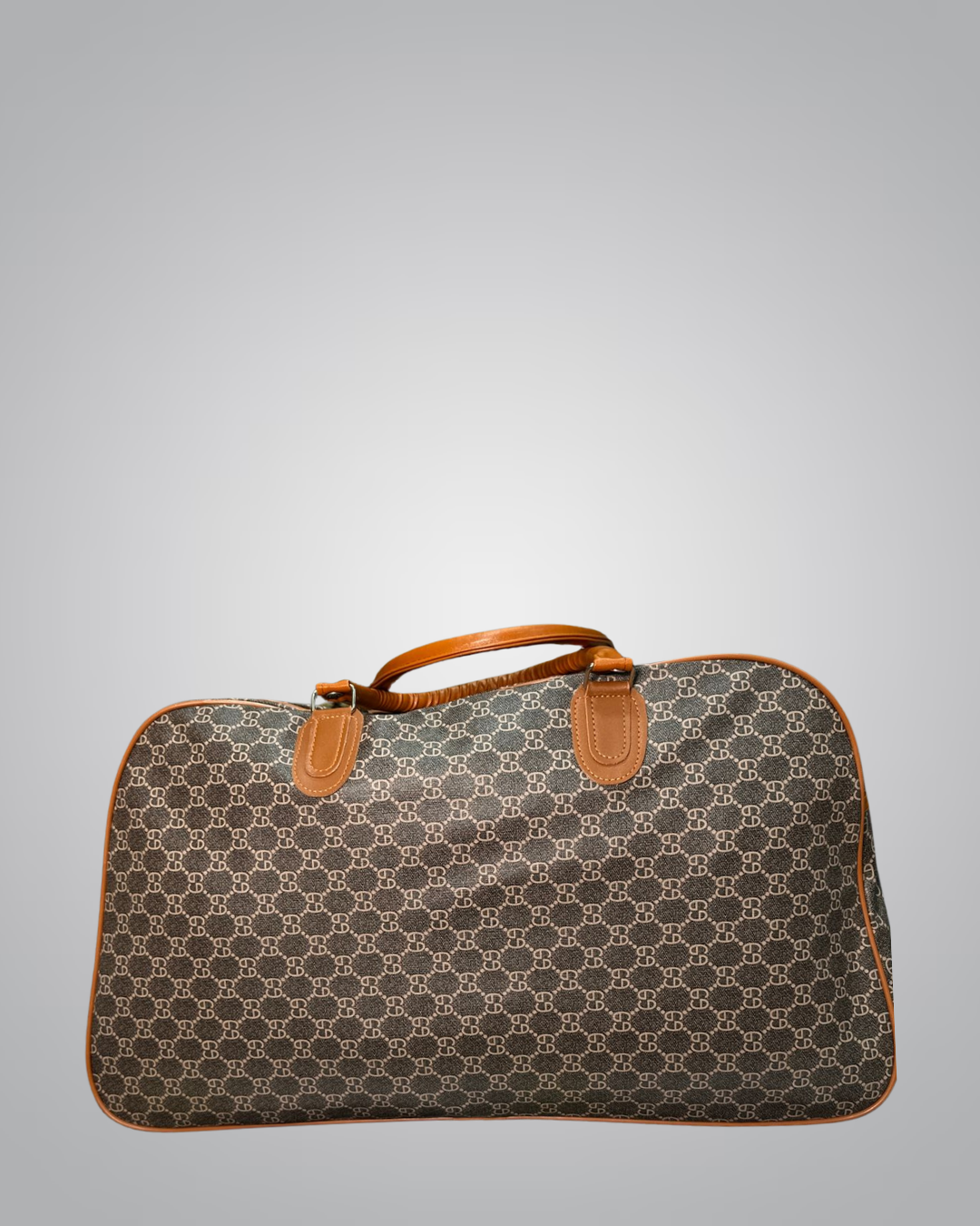 Brown Patterned Canvas Travel Duffle Bag with Leather Accents