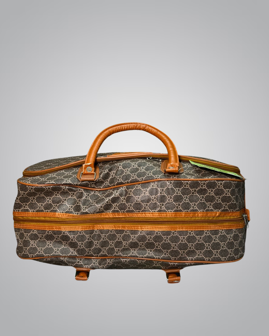 Brown Patterned Canvas Travel Duffle Bag with Leather Accents