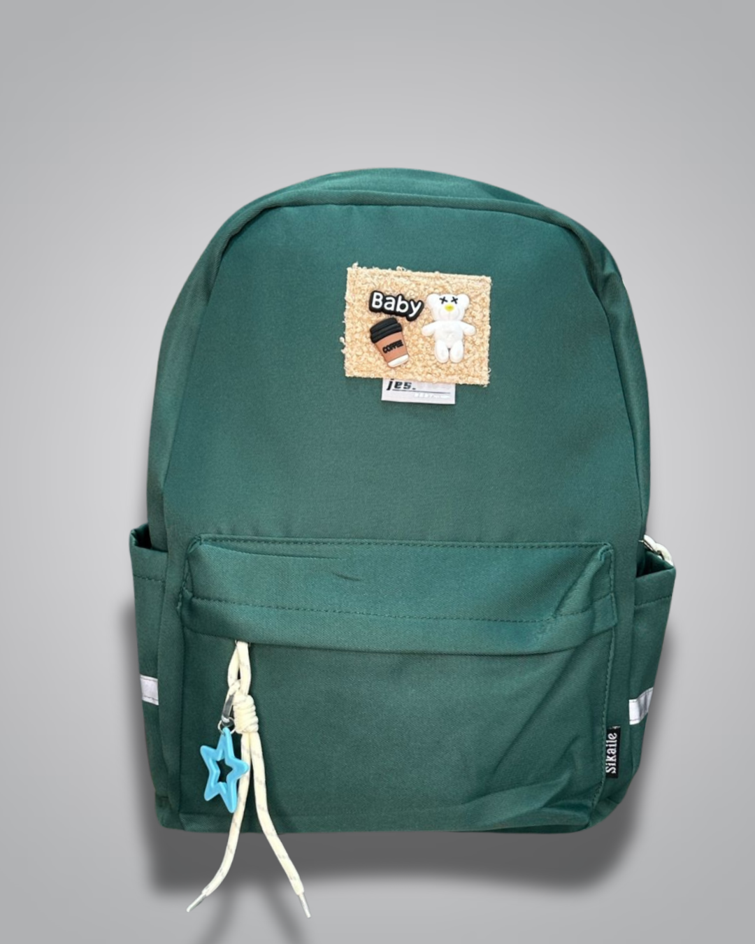 Green backpack with a patch on a gray background- Valentino Impex
