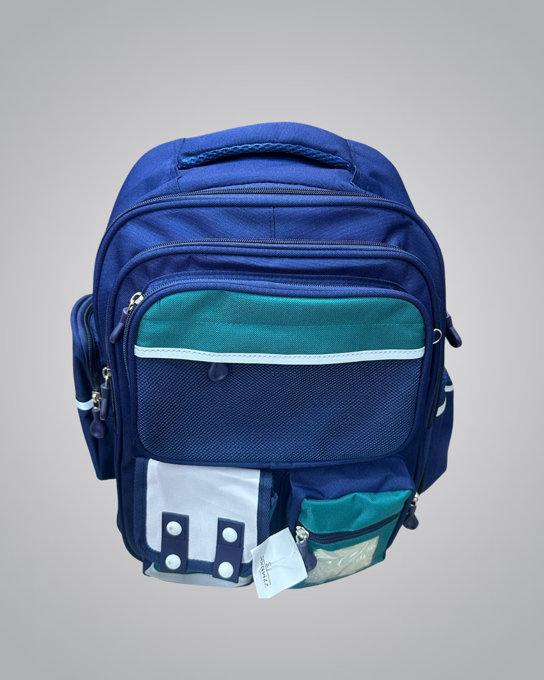 Blue and teal backpack with a visible brand tag on a gray background