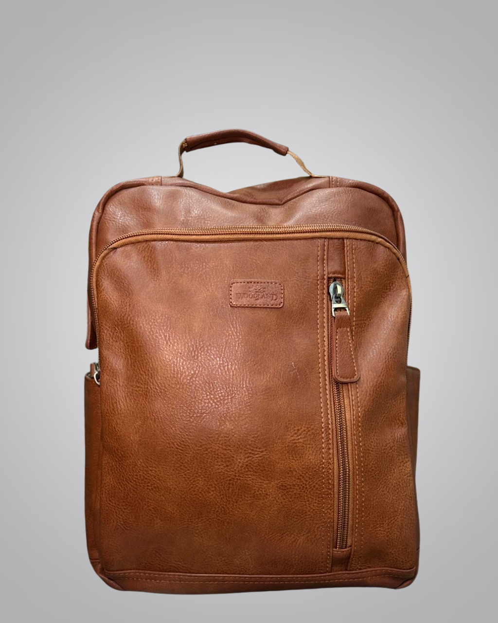 Tan brown faux leather backpack with front diagonal zipper and top handle- Valentino Impex