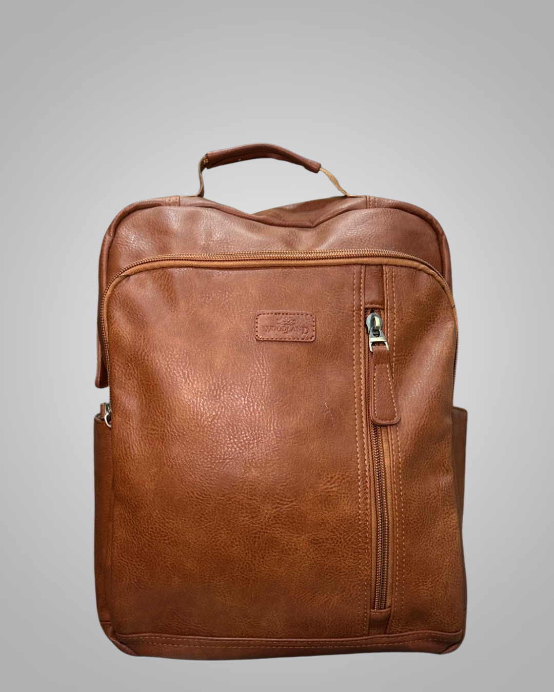 Tan brown faux leather backpack with front diagonal zipper and top handle- Valentino Impex