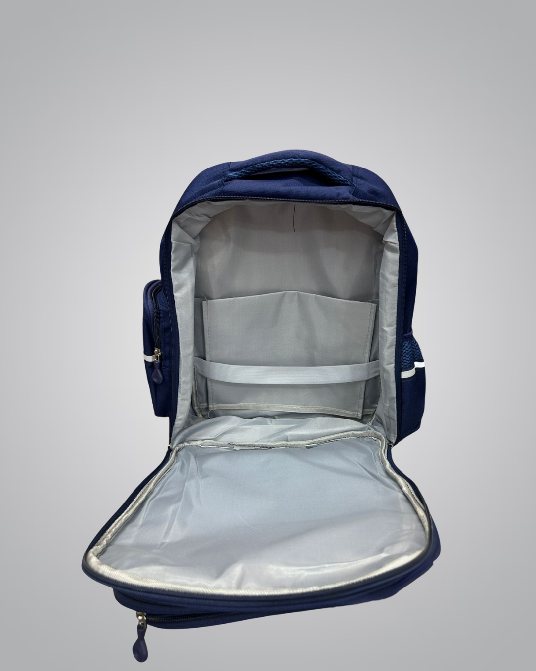Navy blue backpack with open front compartment on a light gray background