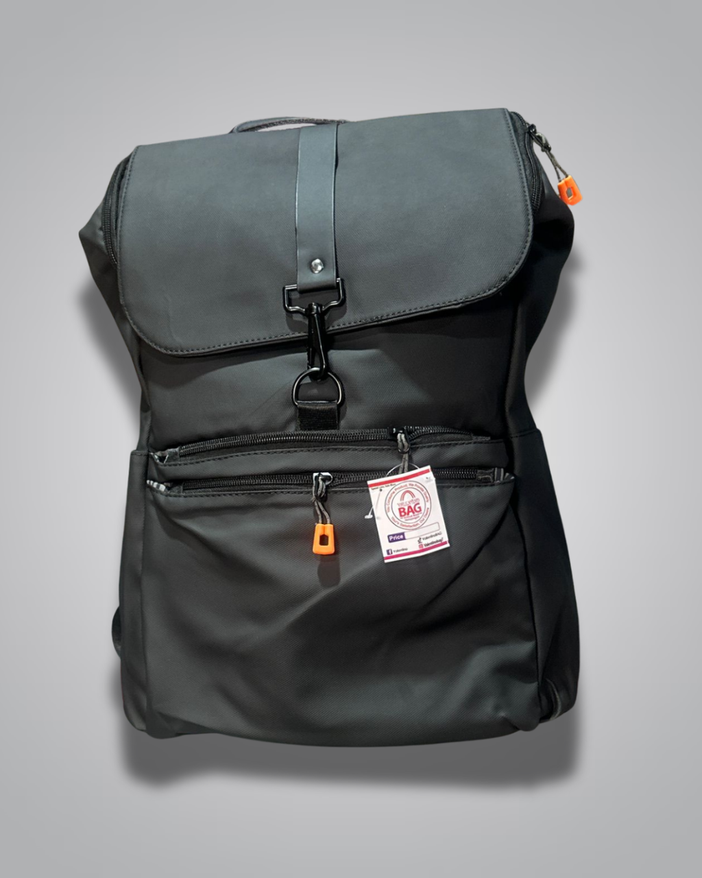 Black backpack with a visible brand label on a gray background- Valentino Impex