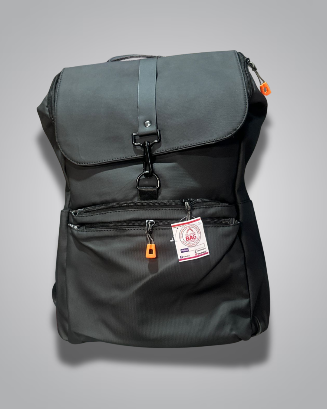 Black backpack with a visible brand label on a gray background- Valentino Impex