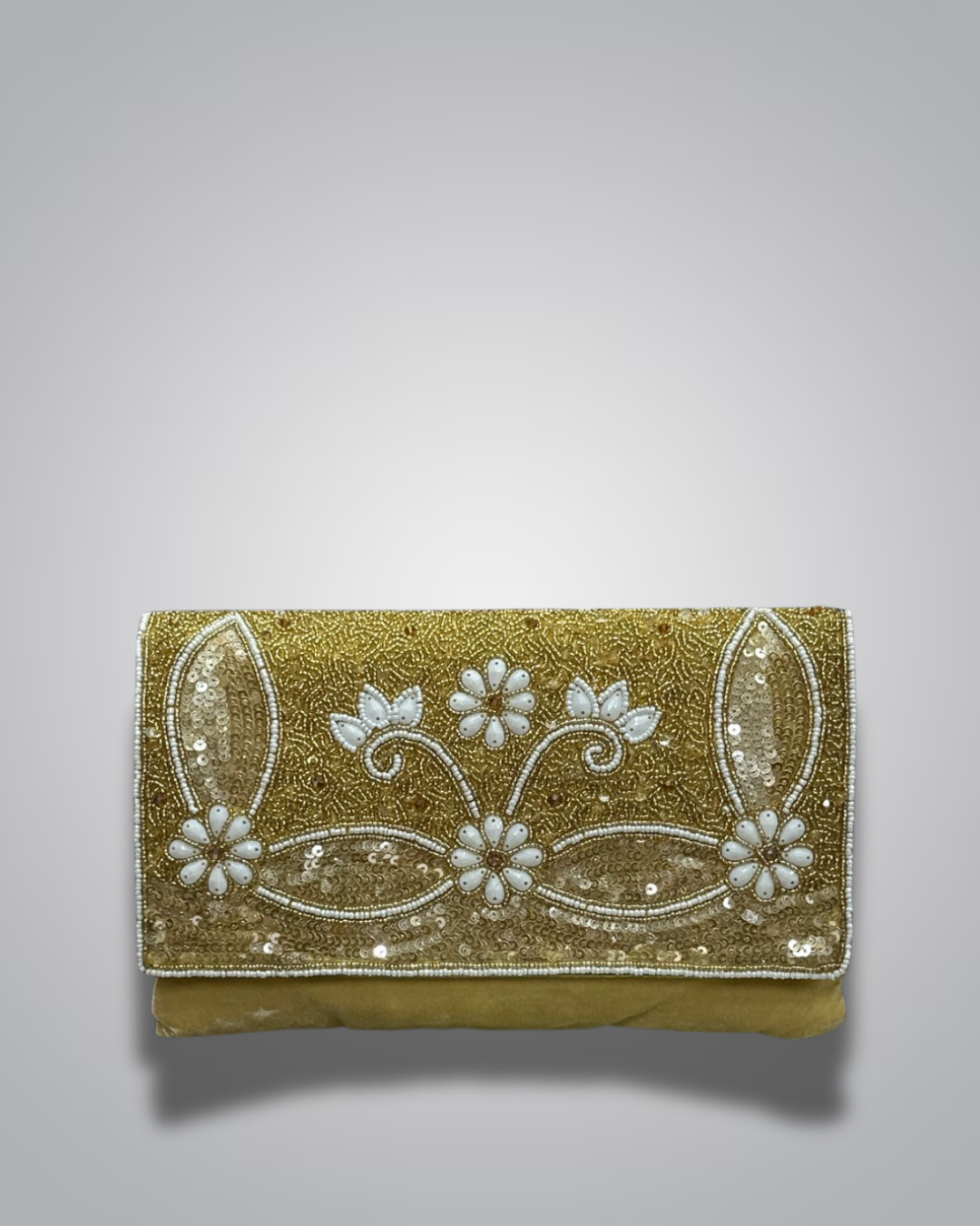 Elegant Cream & Gold Pearl Embellished Clutch Bag