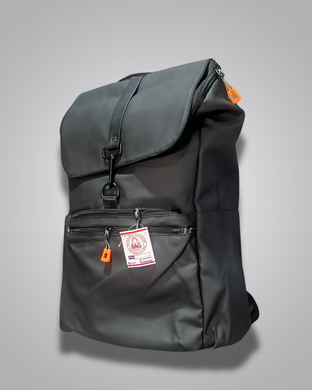 Black backpack with a visible brand label on a gray background- Valentino Impex
