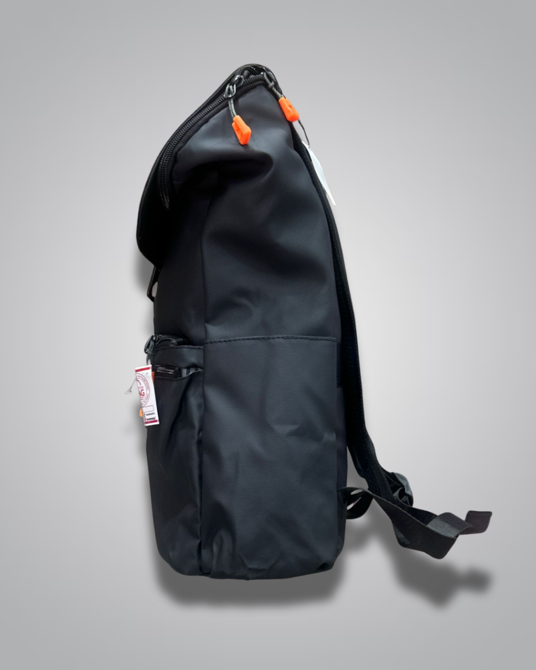 Black backpack with a visible brand label on a gray background- Valentino Impex
