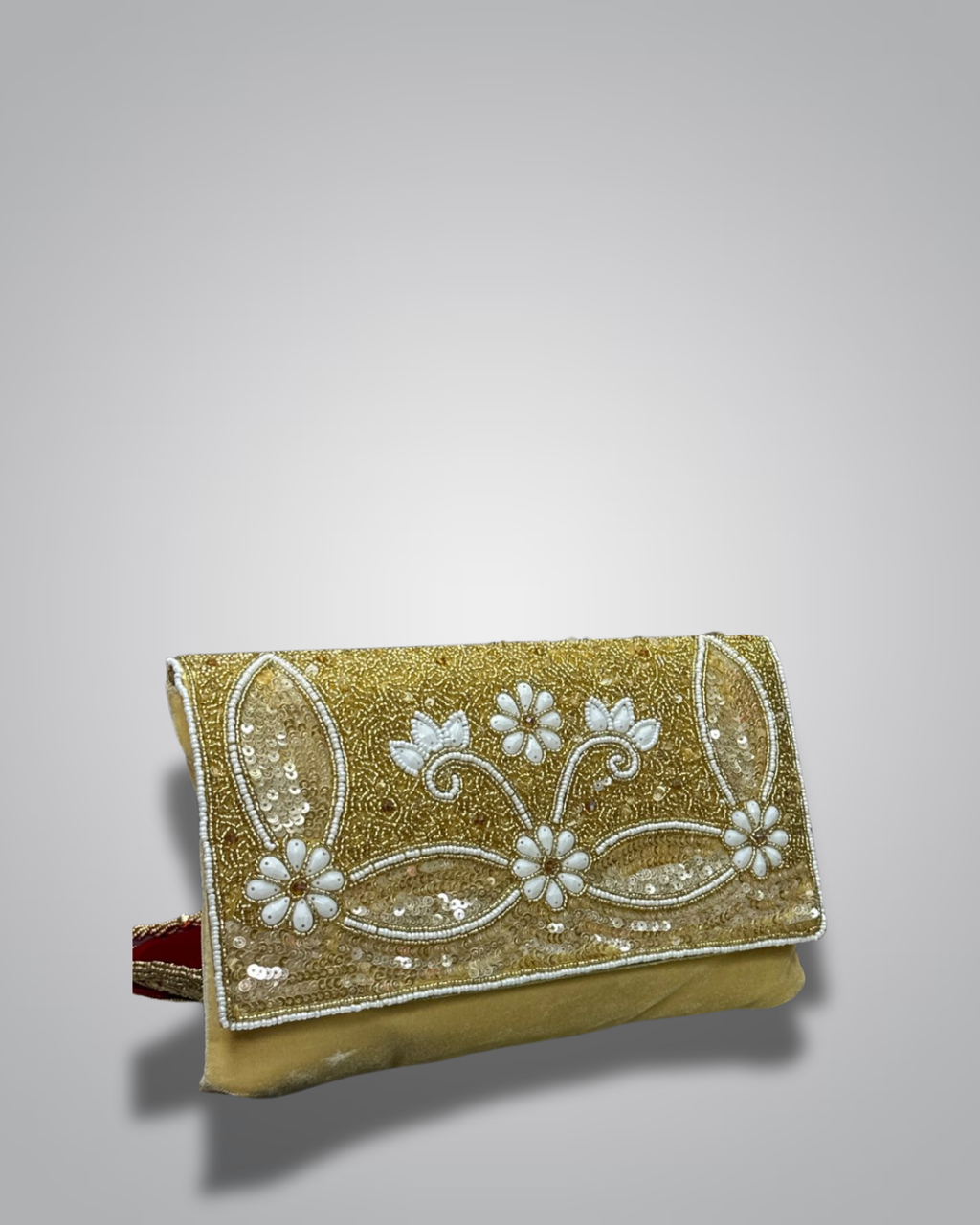 Elegant Cream & Gold Pearl Embellished Clutch Bag