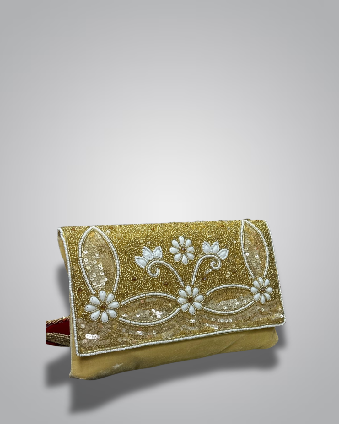Elegant Cream & Gold Pearl Embellished Clutch Bag