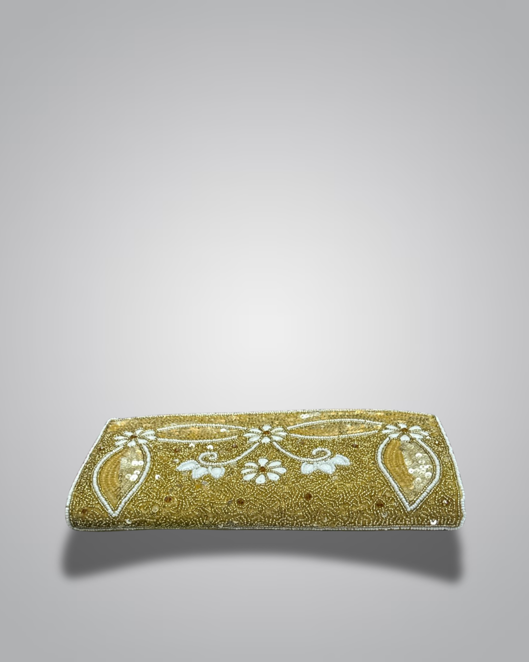 Elegant Cream & Gold Pearl Embellished Clutch Bag