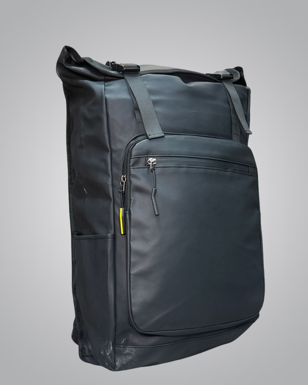 Urban Pro Roll-Top Backpack – Sleek Black with Yellow Accent