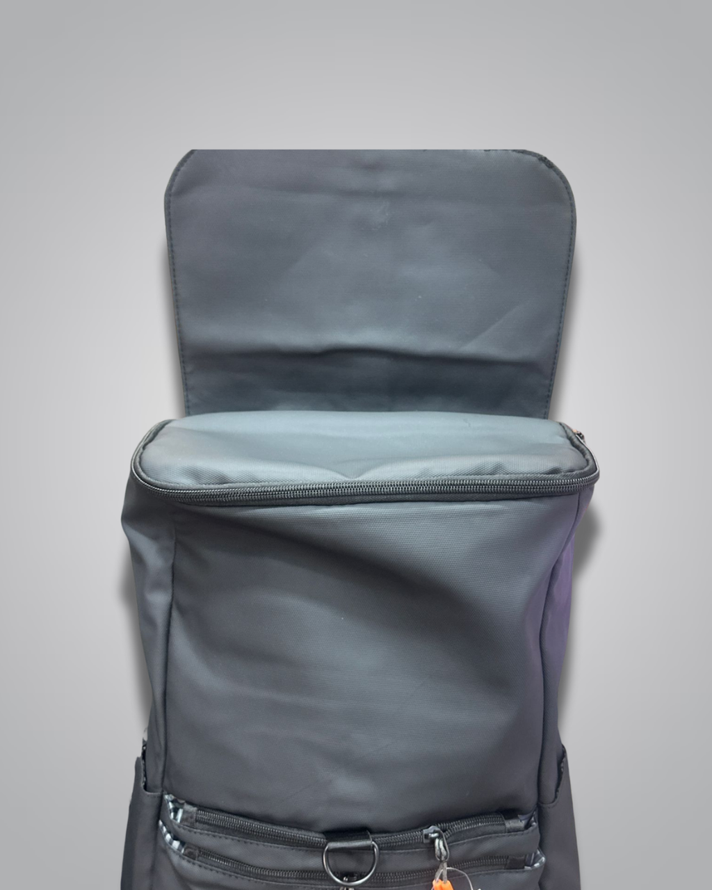Black backpack with a visible brand label on a gray background- Valentino Impex