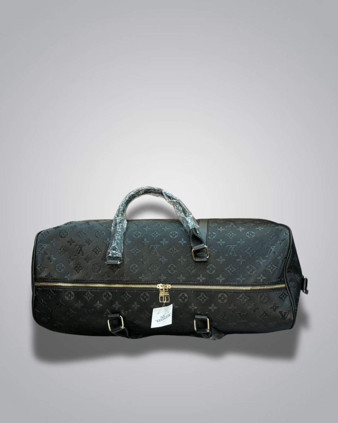 Black duffel bag with monogram pattern on a gray background