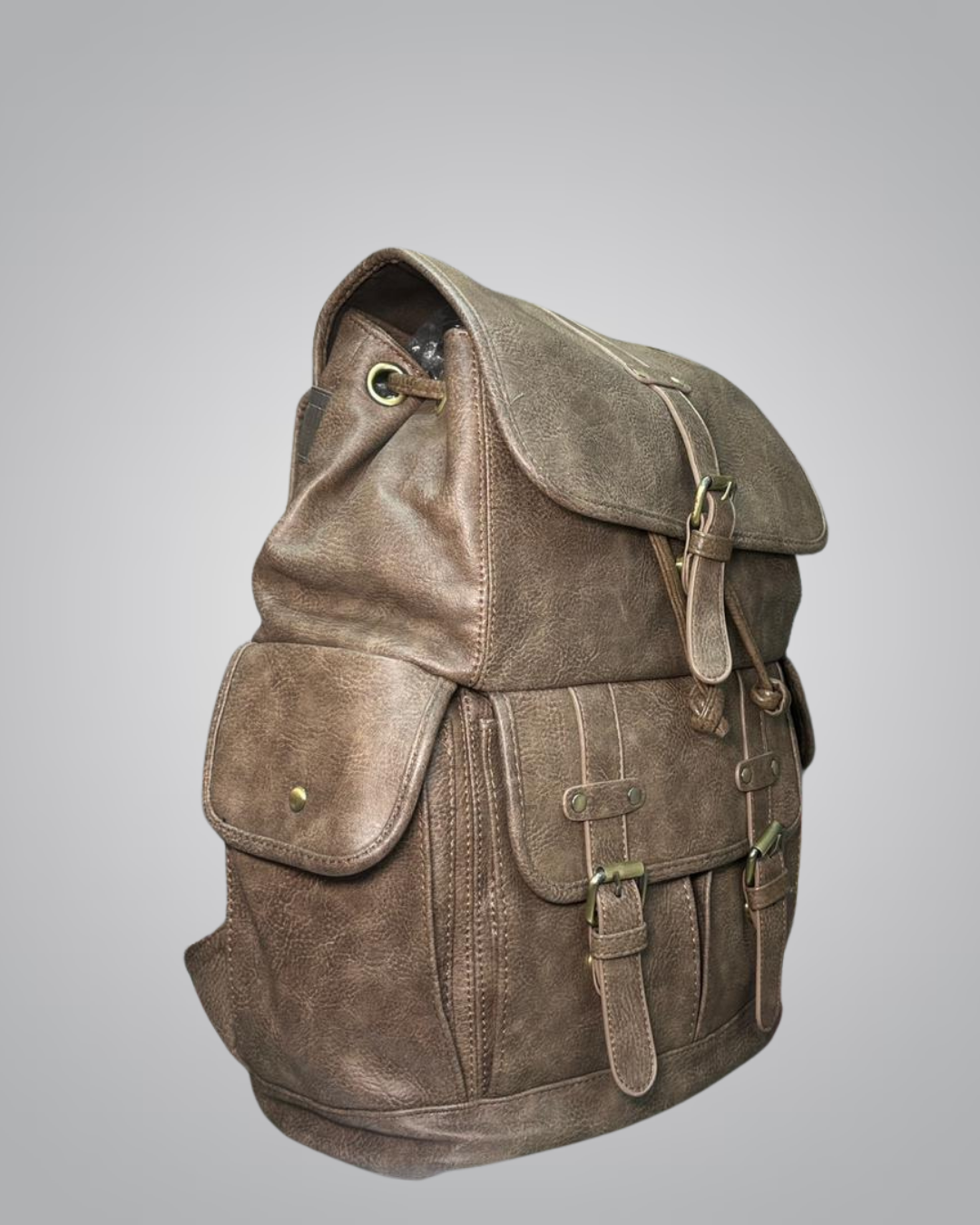 Vintage Faux Leather Backpack – Brown Retro Buckle Edition