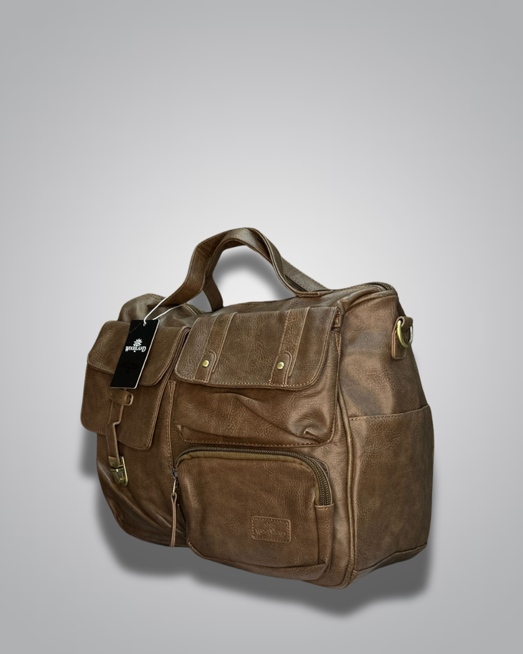 Brown leather bag with a tag on a light gray background- Valentino Impex