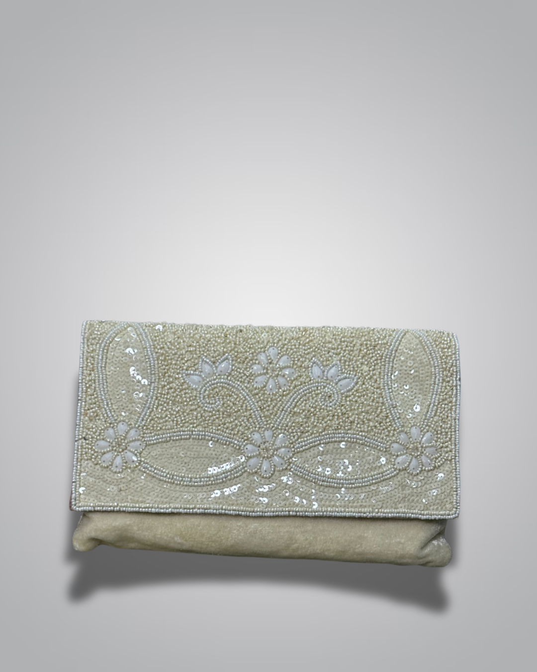 Elegant Cream & Gold Pearl Embellished Clutch Bag