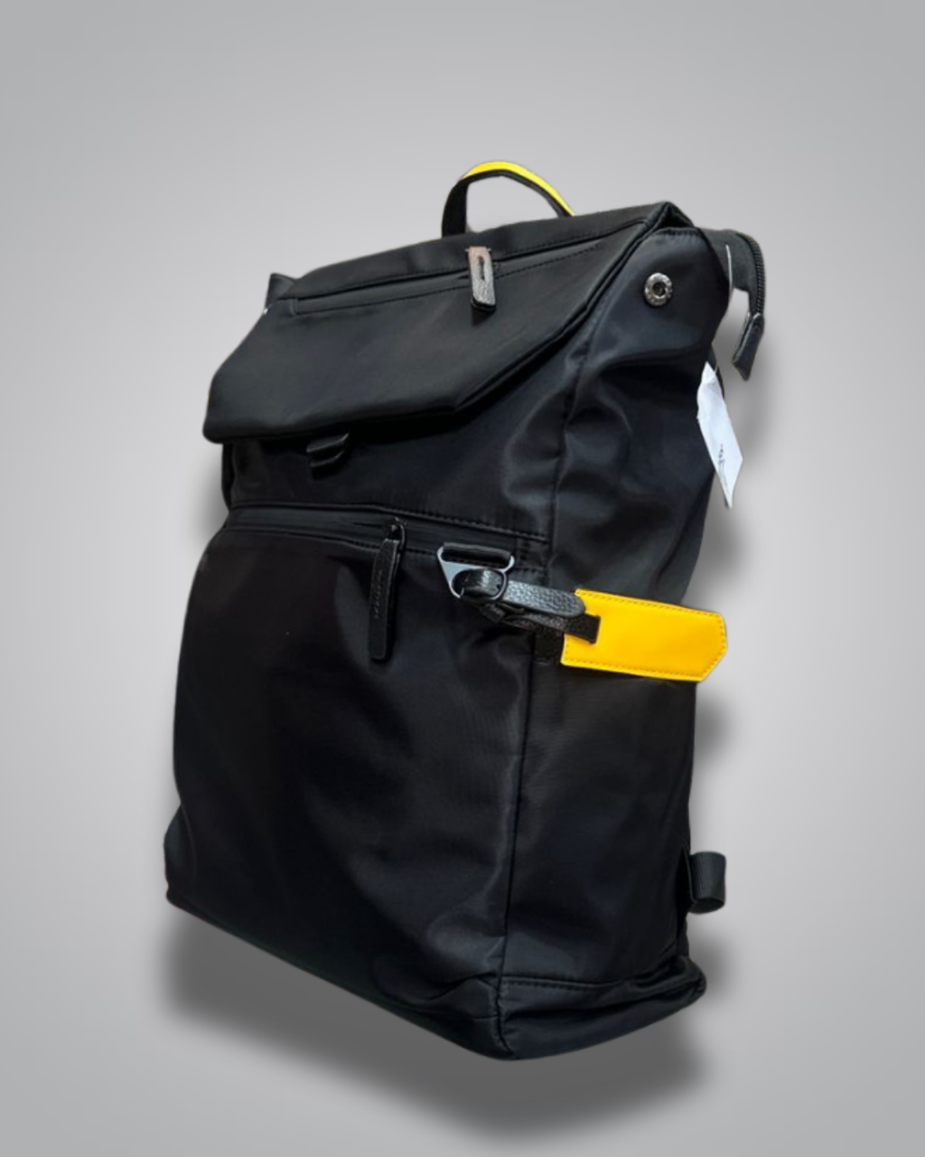 Black backpack with yellow accents on a gray background- Valentino Impex