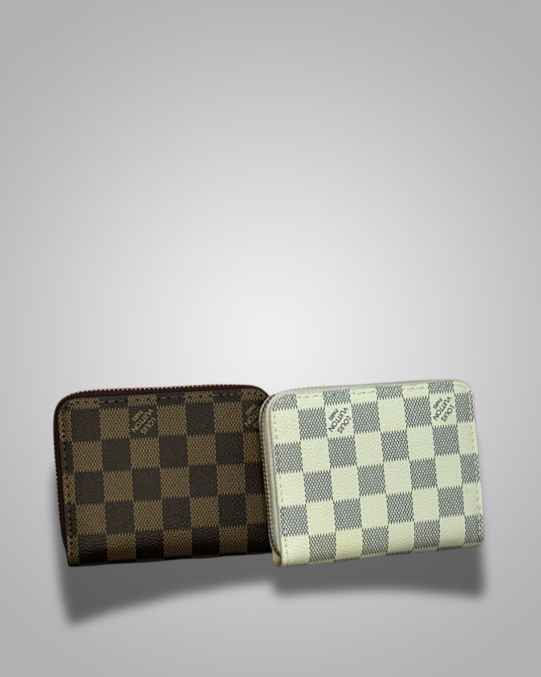 LV-Inspired Compact Zip Wallet – Cream & Brown Checkered Variants