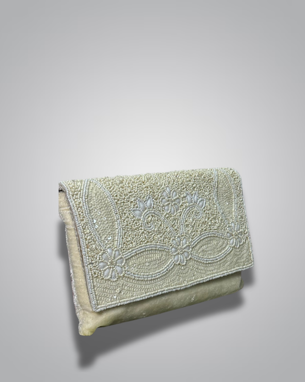 Elegant Cream & Gold Pearl Embellished Clutch Bag