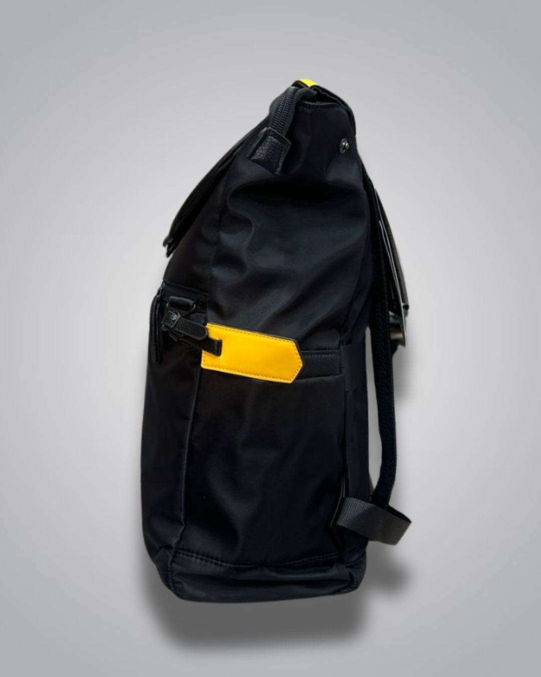 Black backpack with yellow accents on a gray background- Valentino Impex