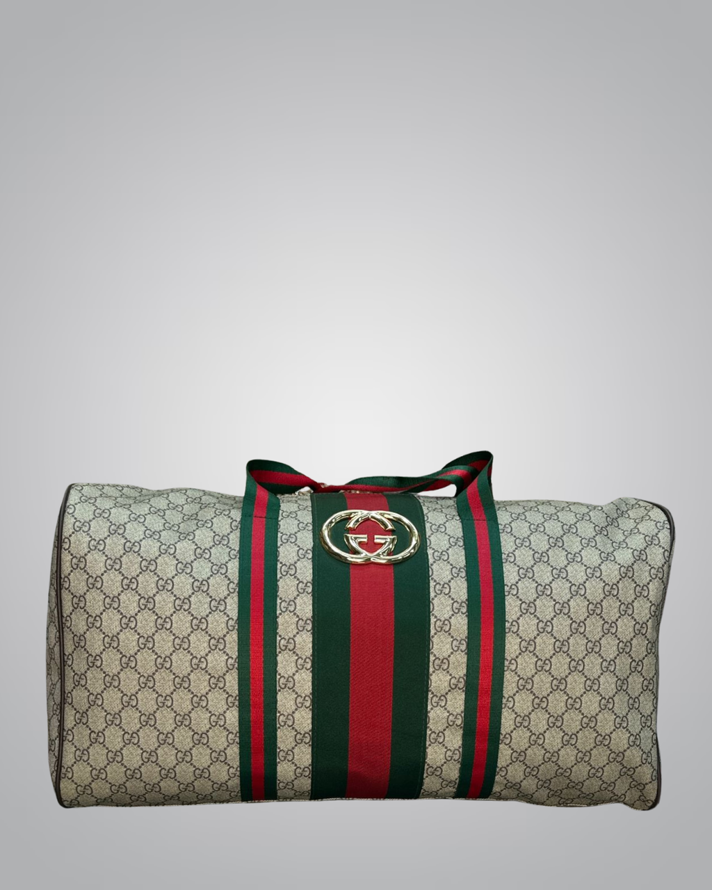Gucci duffel bag with iconic monogram and striped design on a light gray background- Valentino impex