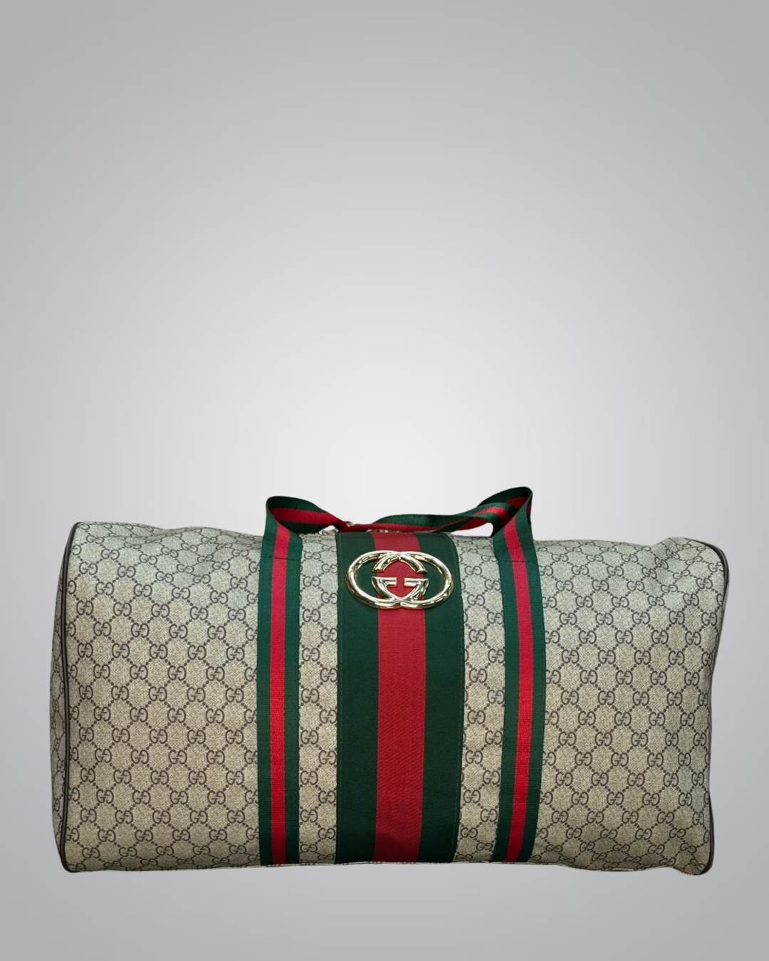 Gucci duffel bag with iconic monogram and striped design on a light gray background- Valentino impex